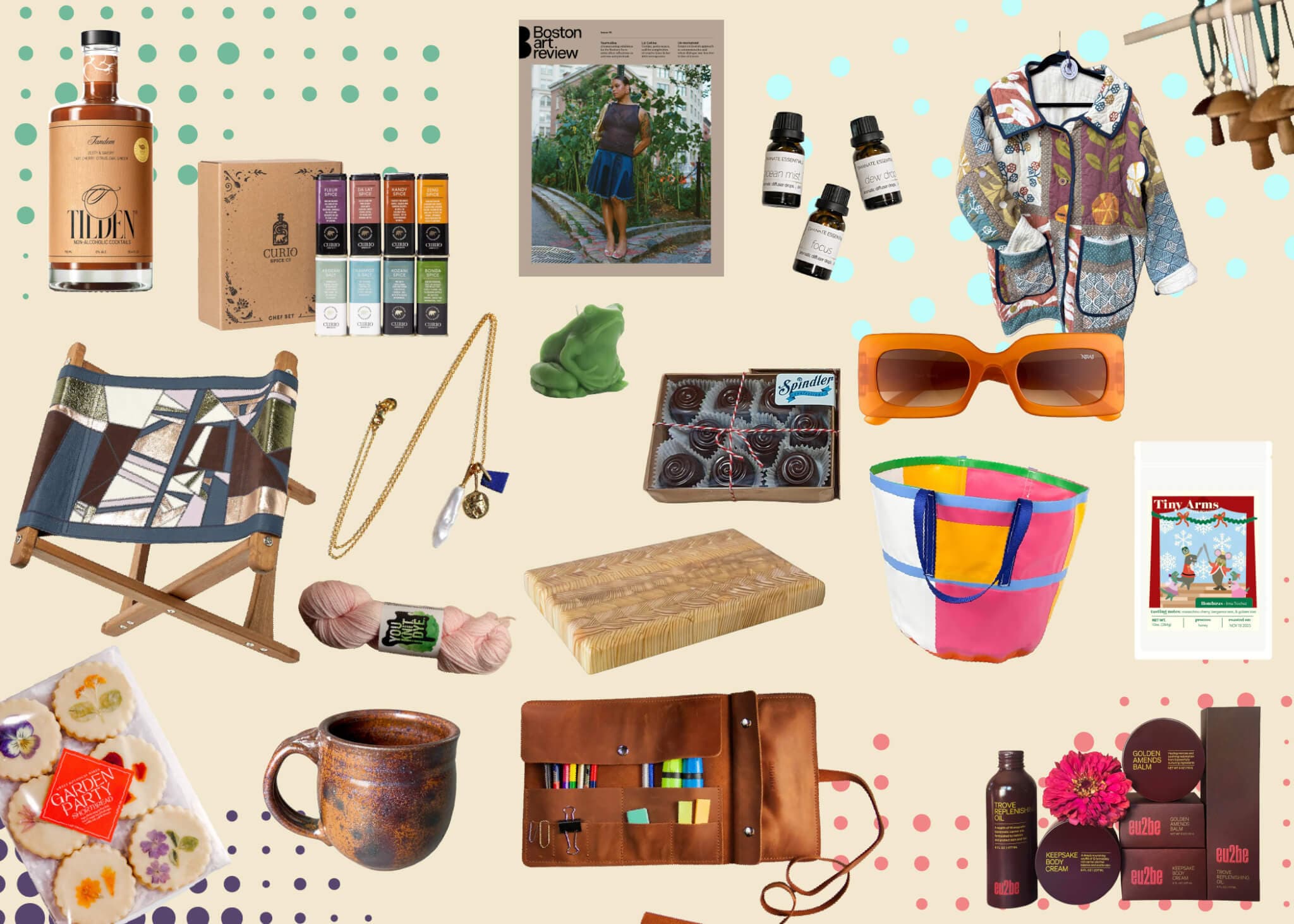 Isolated gift items, including clothing, home wares, and art-making tools, on a patterned background.